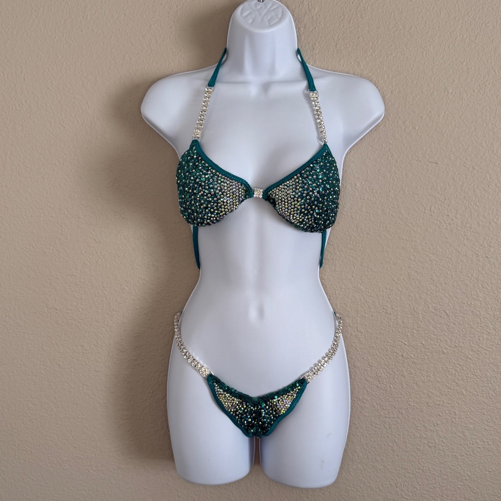 Angel Competition Bikinis Small Teal Rhinestone Stage Suit Bodybuilding Jewelry